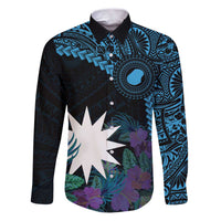 Blue Nauru Family Matching Puletasi and Hawaiian Shirt Naoero Map With Polynesian Tropical Flowers LT14 Dad's Shirt - Long Sleeve Blue - Polynesian Pride