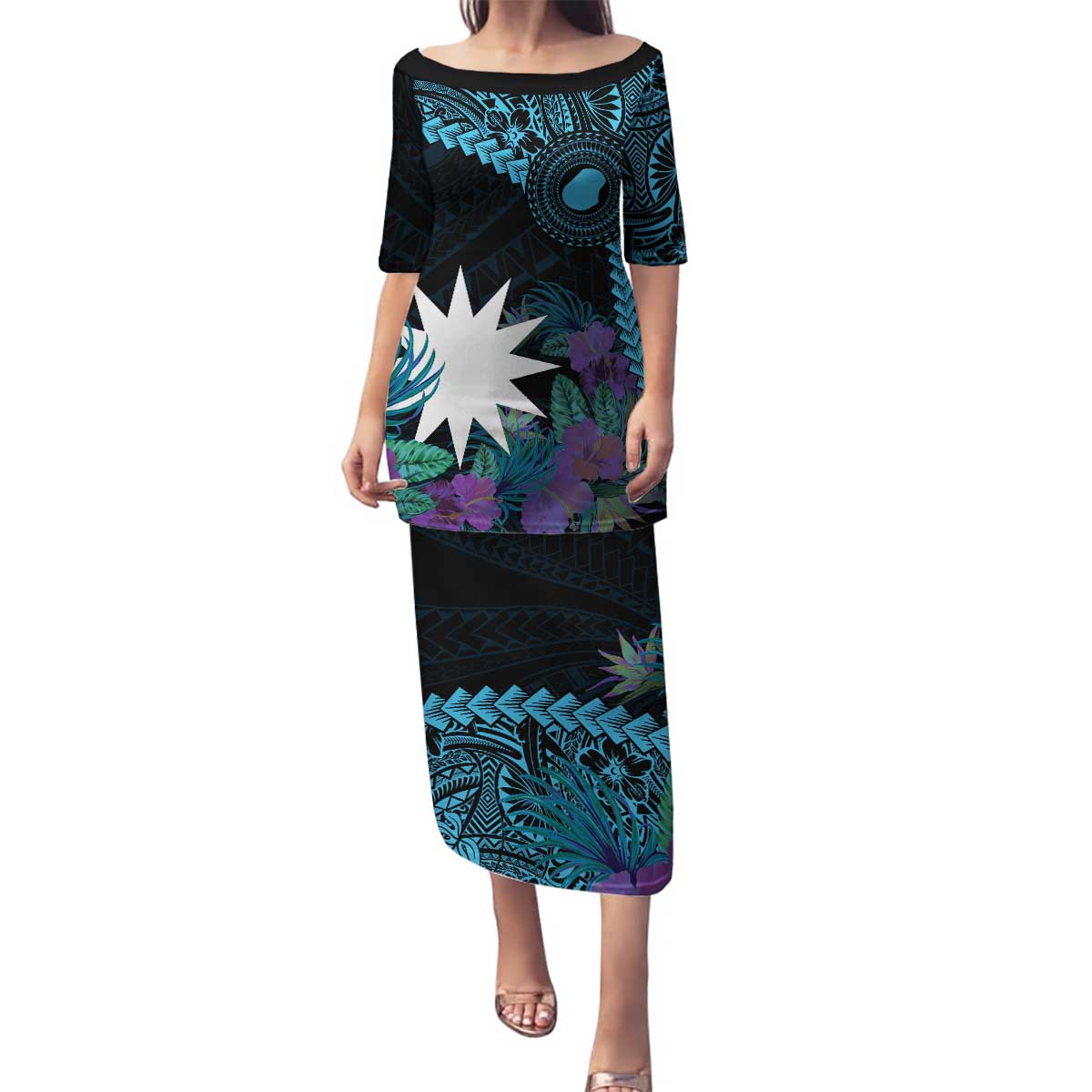 Blue Nauru Family Matching Puletasi and Hawaiian Shirt Naoero Map With Polynesian Tropical Flowers LT14 Mom's Dress Blue - Polynesian Pride