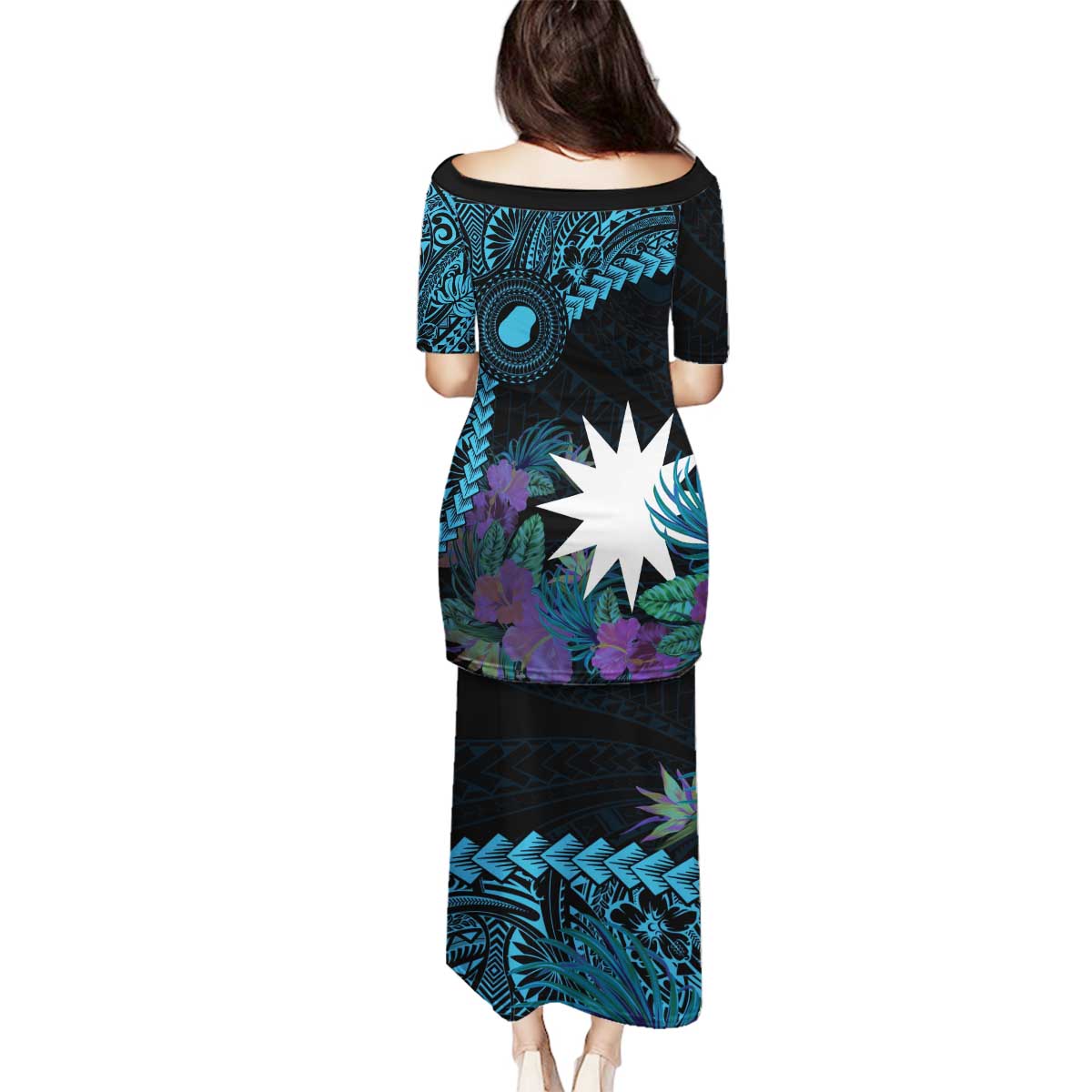 Blue Nauru Family Matching Puletasi and Hawaiian Shirt Naoero Map With Polynesian Tropical Flowers LT14 - Polynesian Pride