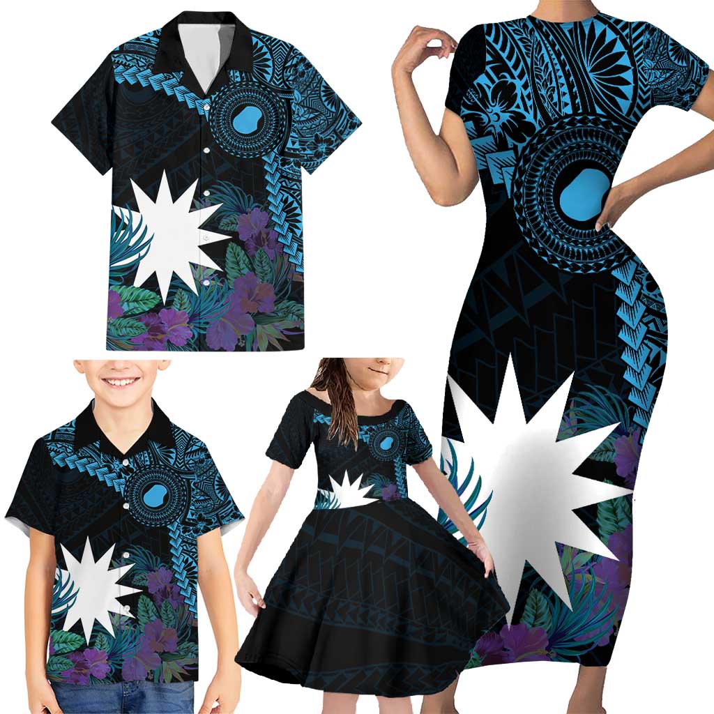 Blue Nauru Family Matching Short Sleeve Bodycon Dress and Hawaiian Shirt Naoero Map With Polynesian Tropical Flowers LT14 - Polynesian Pride