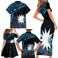 Blue Nauru Family Matching Short Sleeve Bodycon Dress and Hawaiian Shirt Naoero Map With Polynesian Tropical Flowers LT14 - Polynesian Pride