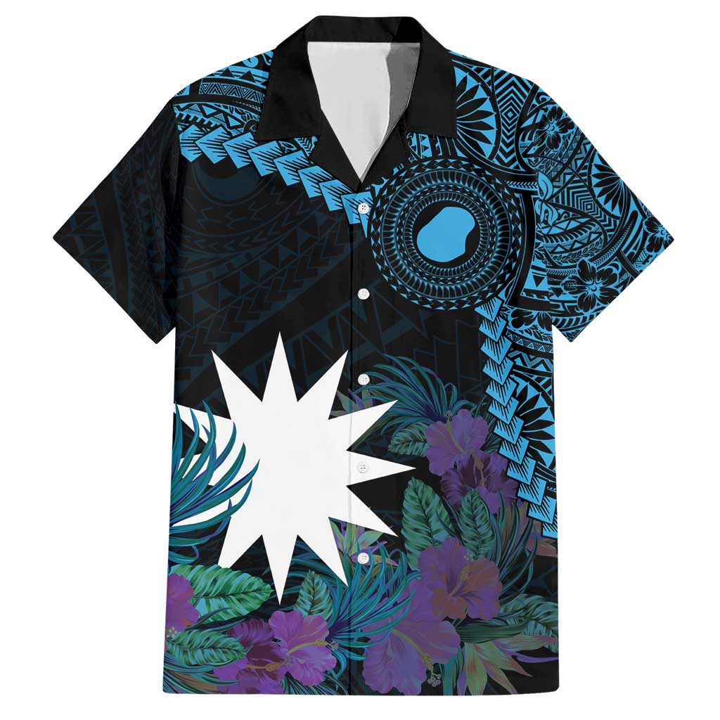 Blue Nauru Family Matching Short Sleeve Bodycon Dress and Hawaiian Shirt Naoero Map With Polynesian Tropical Flowers LT14 Dad's Shirt - Short Sleeve Blue - Polynesian Pride