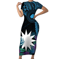 Blue Nauru Family Matching Short Sleeve Bodycon Dress and Hawaiian Shirt Naoero Map With Polynesian Tropical Flowers LT14 Mom's Dress Blue - Polynesian Pride