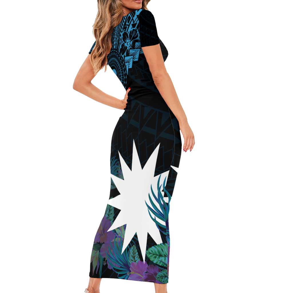 Blue Nauru Family Matching Short Sleeve Bodycon Dress and Hawaiian Shirt Naoero Map With Polynesian Tropical Flowers LT14 - Polynesian Pride