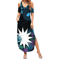 Blue Nauru Family Matching Summer Maxi Dress and Hawaiian Shirt Naoero Map With Polynesian Tropical Flowers LT14 Mom's Dress Blue - Polynesian Pride
