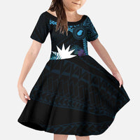 Blue Nauru Family Matching Tank Maxi Dress and Hawaiian Shirt Naoero Map With Polynesian Tropical Flowers LT14 Daughter's Dress Blue - Polynesian Pride