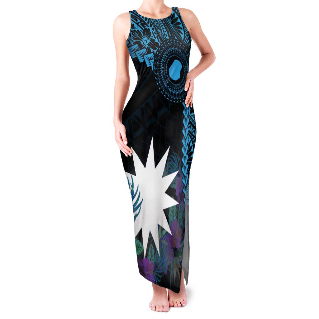 Blue Nauru Family Matching Tank Maxi Dress and Hawaiian Shirt Naoero Map With Polynesian Tropical Flowers LT14 Mom's Dress Blue - Polynesian Pride
