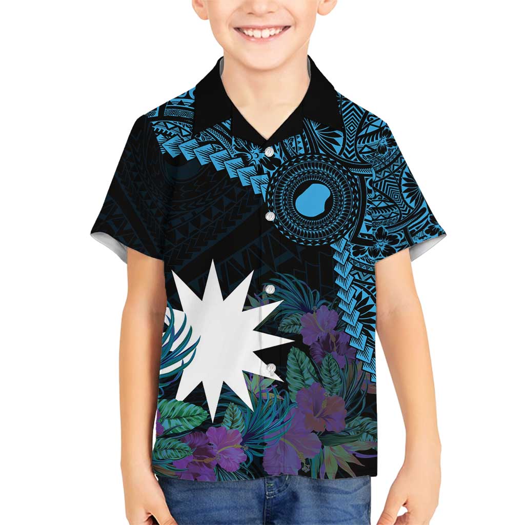 Blue Nauru Family Matching Tank Maxi Dress and Hawaiian Shirt Naoero Map With Polynesian Tropical Flowers LT14 Son's Shirt Blue - Polynesian Pride