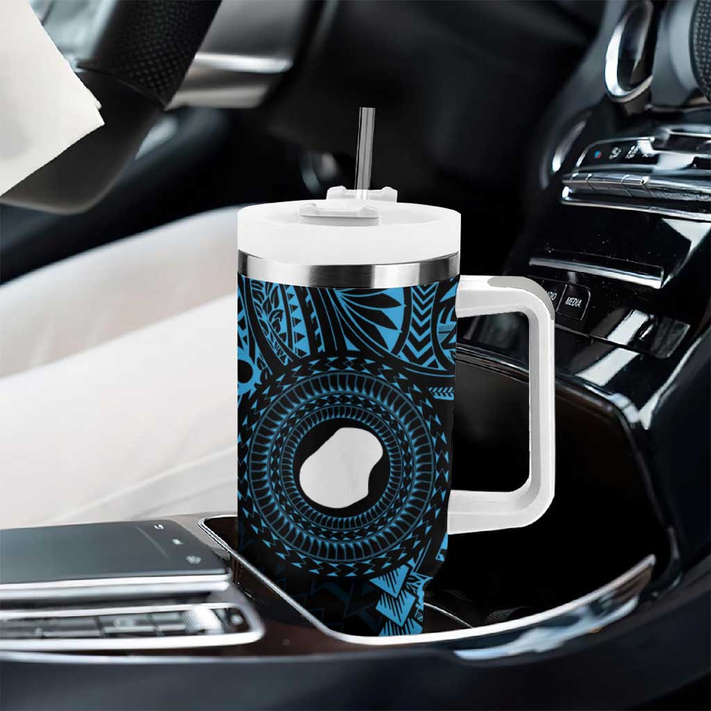 Blue Nauru Tumbler With Handle Naoero Map With Polynesian Tropical Flowers