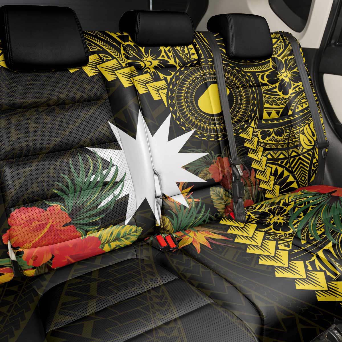 Gold Nauru Back Car Seat Cover Naoero Map With Polynesian Tropical Flowers