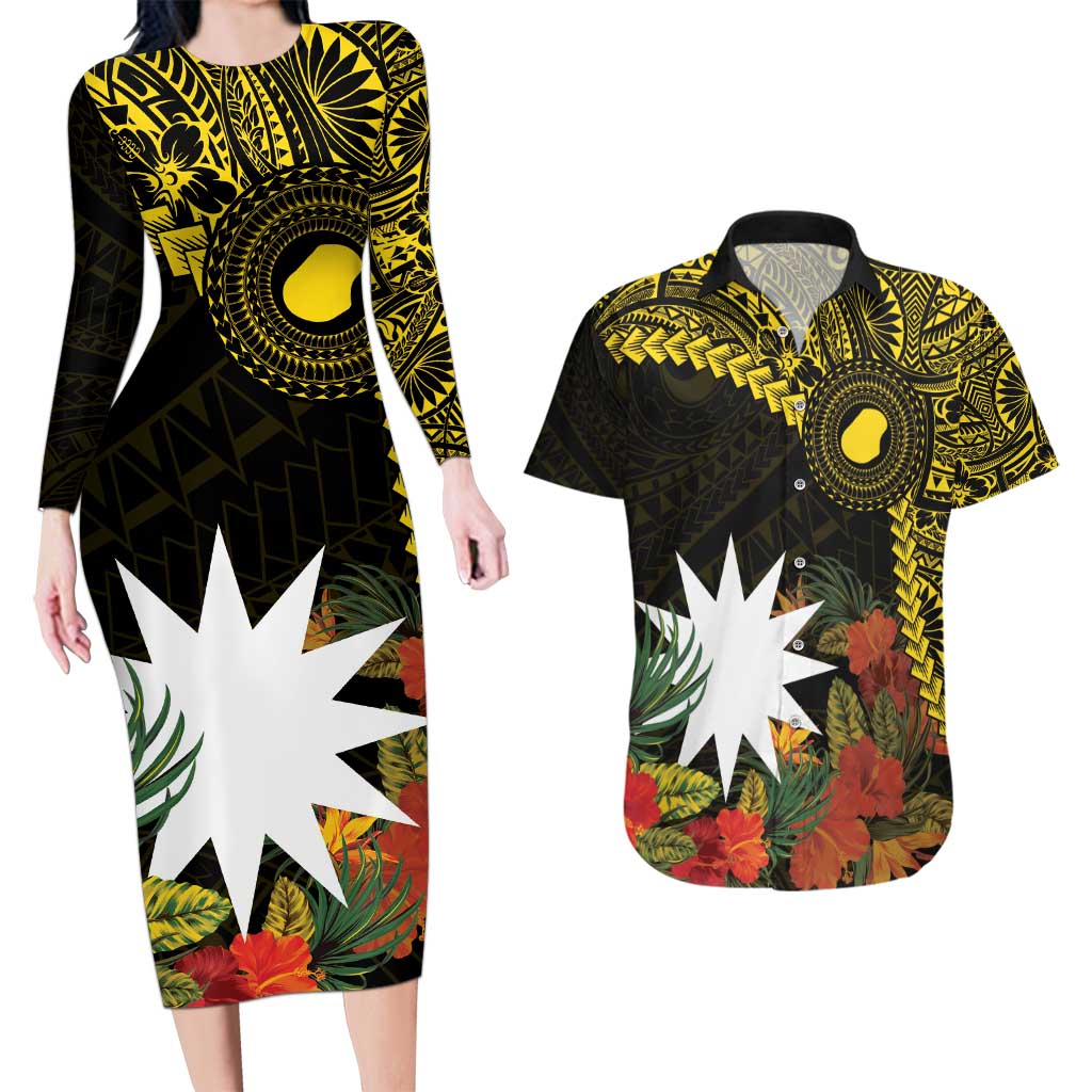 Gold Nauru Couples Matching Long Sleeve Bodycon Dress and Hawaiian Shirt Naoero Map With Polynesian Tropical Flowers LT14 Gold - Polynesian Pride