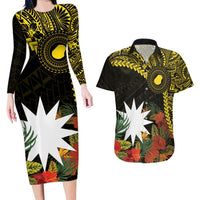 Gold Nauru Couples Matching Long Sleeve Bodycon Dress and Hawaiian Shirt Naoero Map With Polynesian Tropical Flowers LT14 Gold - Polynesian Pride