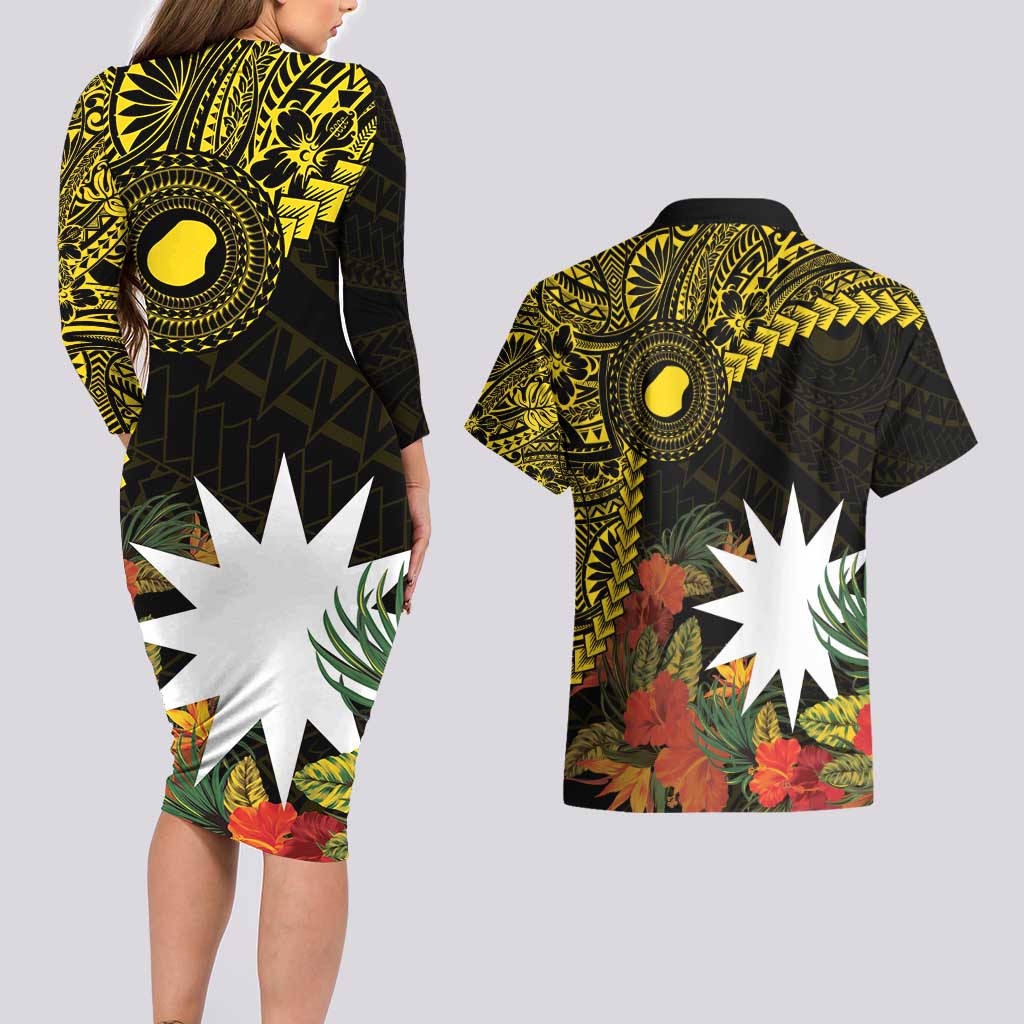 Gold Nauru Couples Matching Long Sleeve Bodycon Dress and Hawaiian Shirt Naoero Map With Polynesian Tropical Flowers LT14 - Polynesian Pride