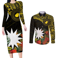 Gold Nauru Couples Matching Long Sleeve Bodycon Dress and Long Sleeve Button Shirt Naoero Map With Polynesian Tropical Flowers LT14 Gold - Polynesian Pride