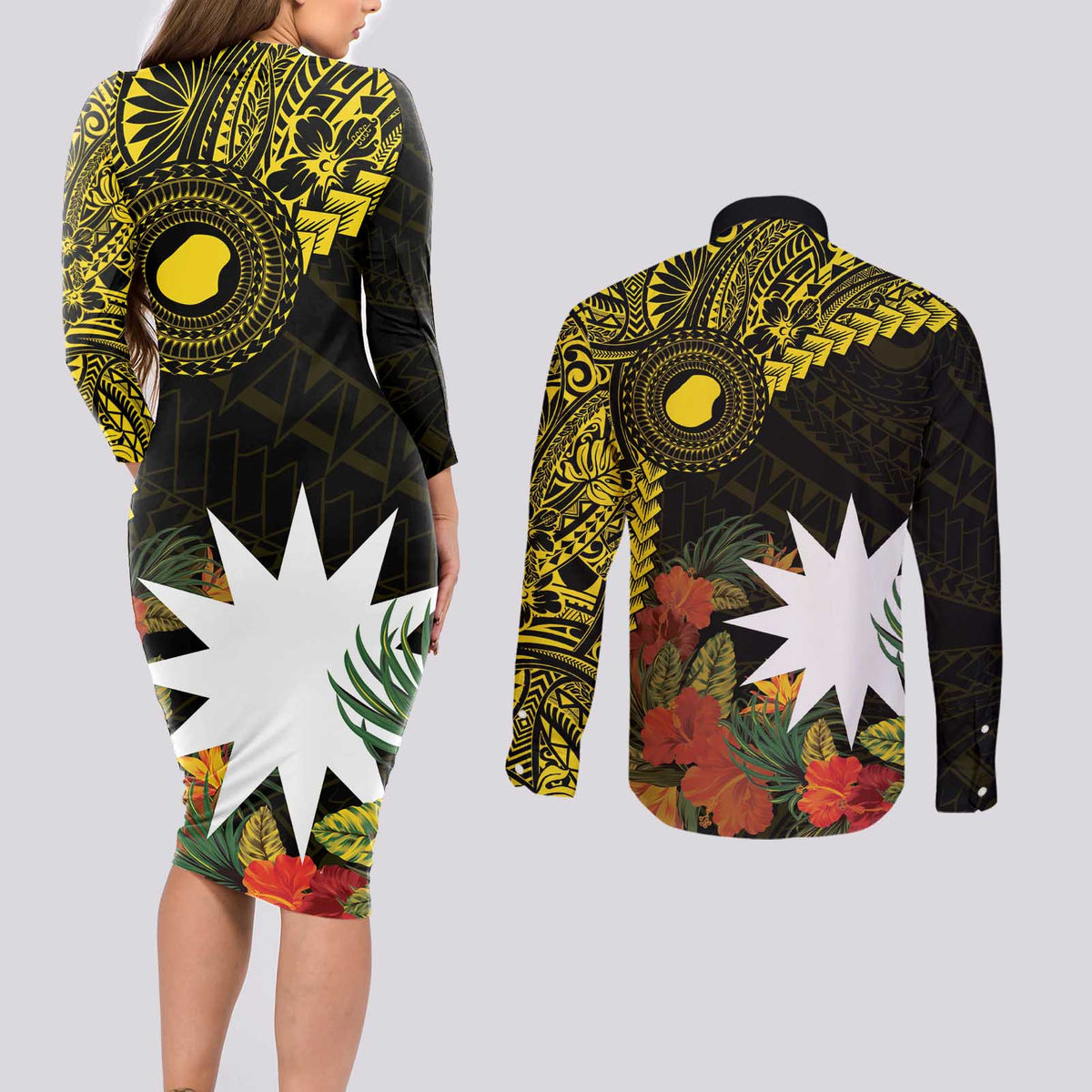 Gold Nauru Couples Matching Long Sleeve Bodycon Dress and Long Sleeve Button Shirt Naoero Map With Polynesian Tropical Flowers LT14 - Polynesian Pride