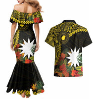 Gold Nauru Couples Matching Mermaid Dress and Hawaiian Shirt Naoero Map With Polynesian Tropical Flowers LT14 - Polynesian Pride