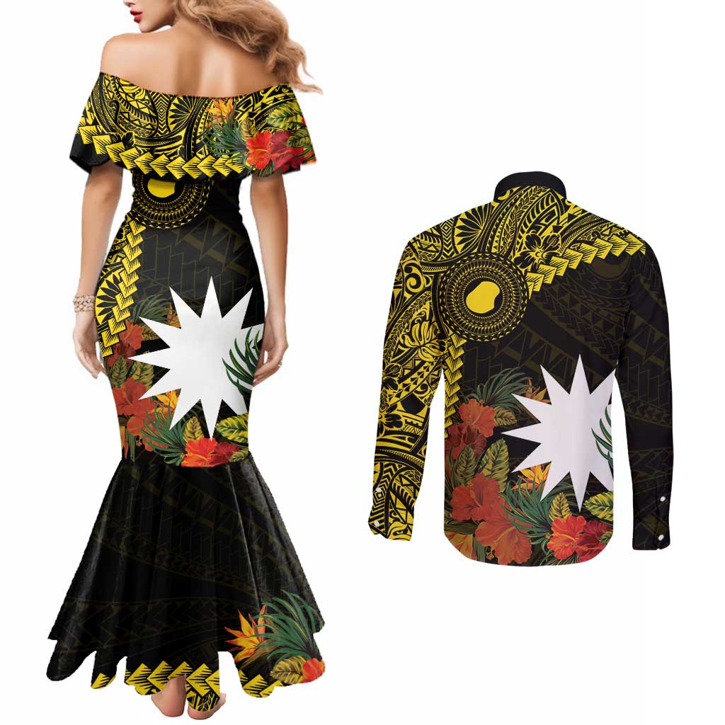 Gold Nauru Couples Matching Mermaid Dress and Long Sleeve Button Shirt Naoero Map With Polynesian Tropical Flowers LT14 - Polynesian Pride
