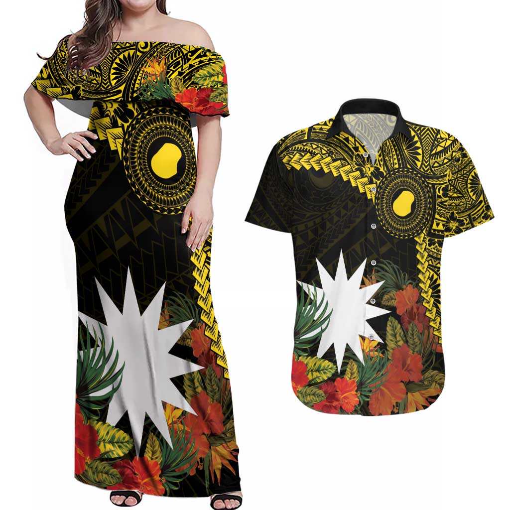 Gold Nauru Couples Matching Off Shoulder Maxi Dress and Hawaiian Shirt Naoero Map With Polynesian Tropical Flowers LT14 Gold - Polynesian Pride