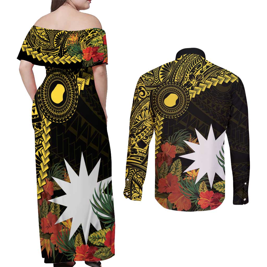 Gold Nauru Couples Matching Off Shoulder Maxi Dress and Long Sleeve Button Shirt Naoero Map With Polynesian Tropical Flowers LT14 - Polynesian Pride