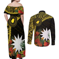 Gold Nauru Couples Matching Off Shoulder Maxi Dress and Long Sleeve Button Shirt Naoero Map With Polynesian Tropical Flowers LT14 - Polynesian Pride
