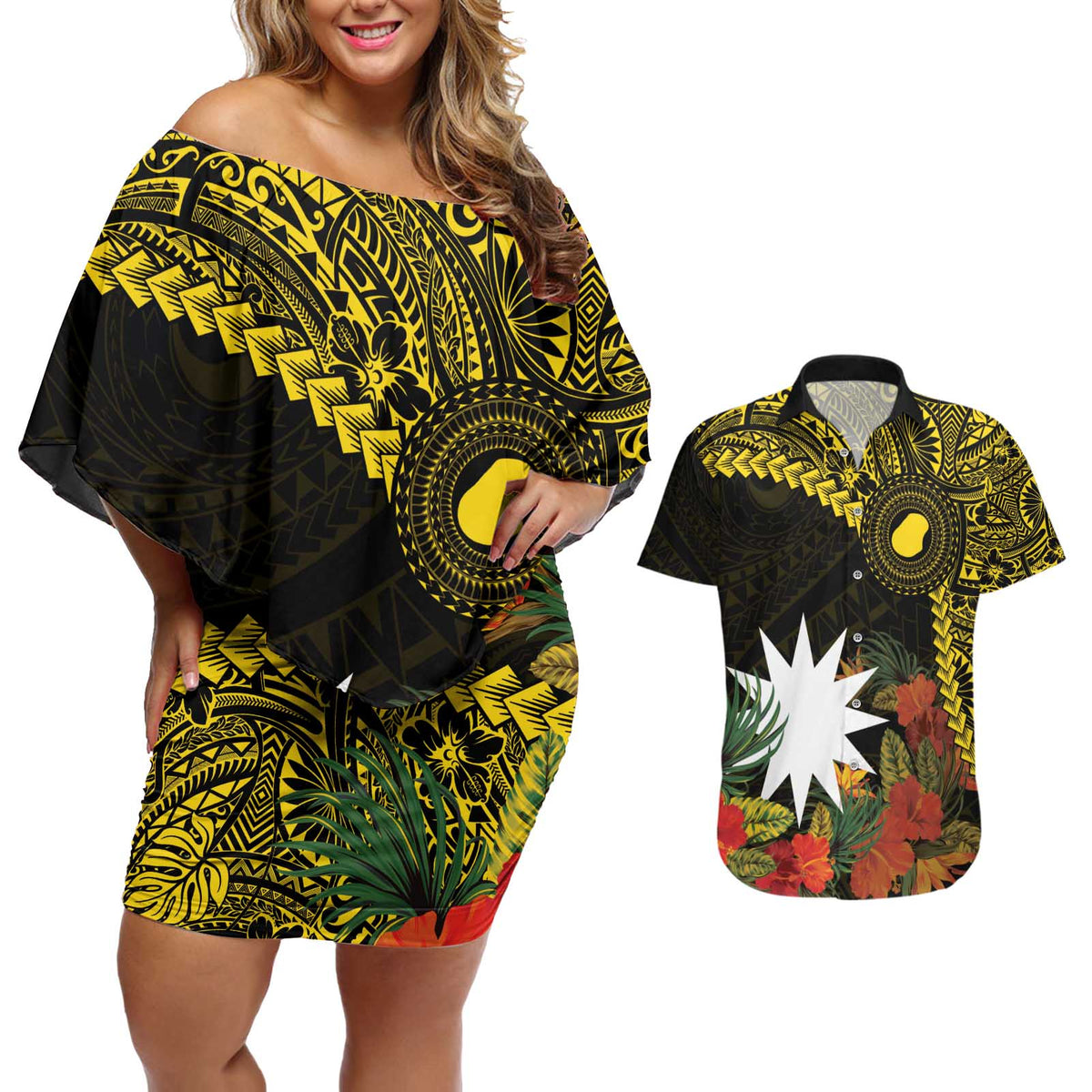 Gold Nauru Couples Matching Off Shoulder Short Dress and Hawaiian Shirt Naoero Map With Polynesian Tropical Flowers LT14 Gold - Polynesian Pride