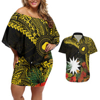 Gold Nauru Couples Matching Off Shoulder Short Dress and Hawaiian Shirt Naoero Map With Polynesian Tropical Flowers LT14 Gold - Polynesian Pride