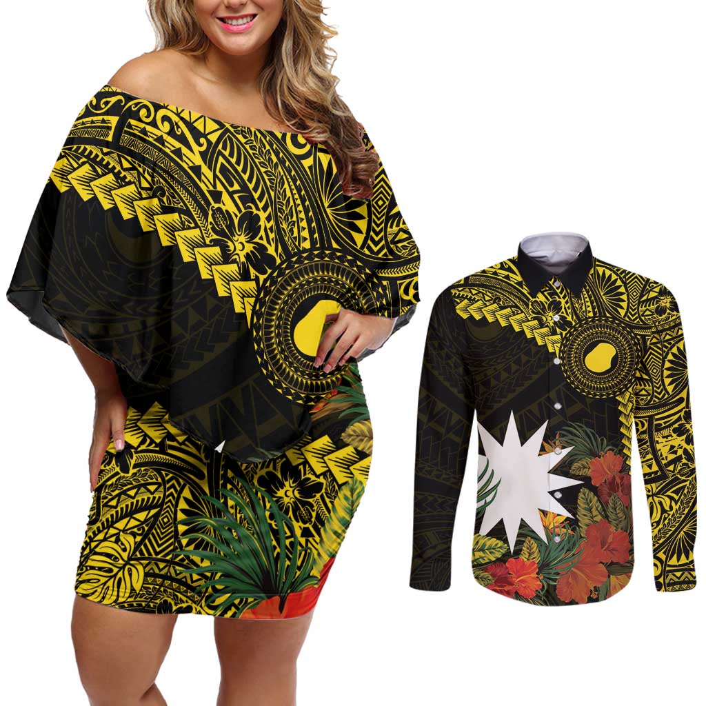 Gold Nauru Couples Matching Off Shoulder Short Dress and Long Sleeve Button Shirt Naoero Map With Polynesian Tropical Flowers LT14 Gold - Polynesian Pride