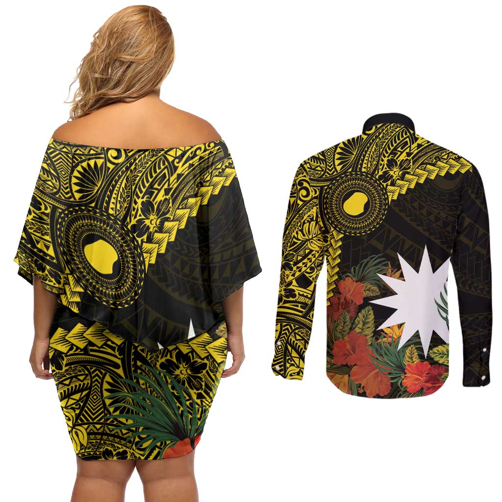 Gold Nauru Couples Matching Off Shoulder Short Dress and Long Sleeve Button Shirt Naoero Map With Polynesian Tropical Flowers LT14 - Polynesian Pride