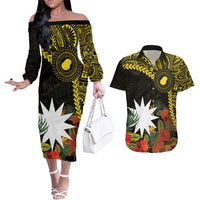 Gold Nauru Couples Matching Off The Shoulder Long Sleeve Dress and Hawaiian Shirt Naoero Map With Polynesian Tropical Flowers LT14 Gold - Polynesian Pride