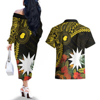 Gold Nauru Couples Matching Off The Shoulder Long Sleeve Dress and Hawaiian Shirt Naoero Map With Polynesian Tropical Flowers LT14 - Polynesian Pride
