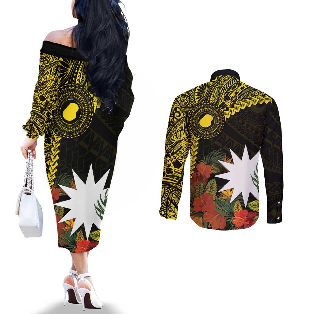 Gold Nauru Couples Matching Off The Shoulder Long Sleeve Dress and Long Sleeve Button Shirt Naoero Map With Polynesian Tropical Flowers LT14 - Polynesian Pride
