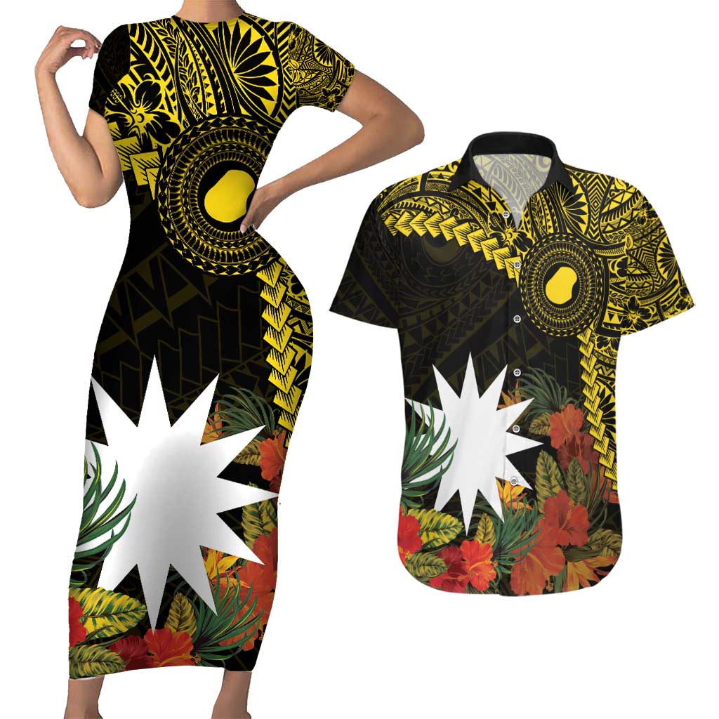 Gold Nauru Couples Matching Short Sleeve Bodycon Dress and Hawaiian Shirt Naoero Map With Polynesian Tropical Flowers LT14 Gold - Polynesian Pride