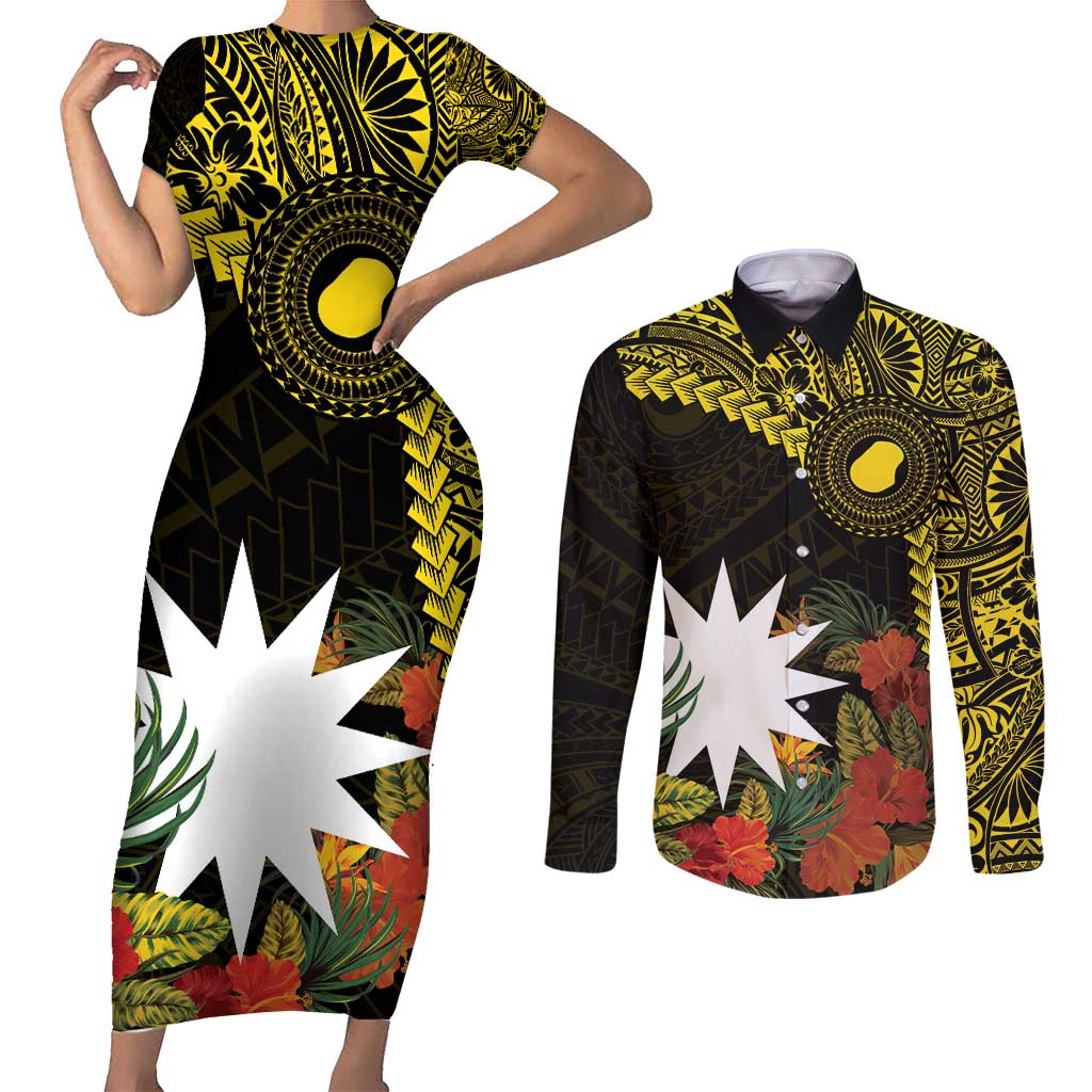 Gold Nauru Couples Matching Short Sleeve Bodycon Dress and Long Sleeve Button Shirt Naoero Map With Polynesian Tropical Flowers LT14 Gold - Polynesian Pride