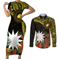 Gold Nauru Couples Matching Short Sleeve Bodycon Dress and Long Sleeve Button Shirt Naoero Map With Polynesian Tropical Flowers LT14 Gold - Polynesian Pride