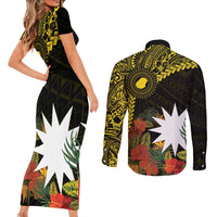 Gold Nauru Couples Matching Short Sleeve Bodycon Dress and Long Sleeve Button Shirt Naoero Map With Polynesian Tropical Flowers LT14 - Polynesian Pride
