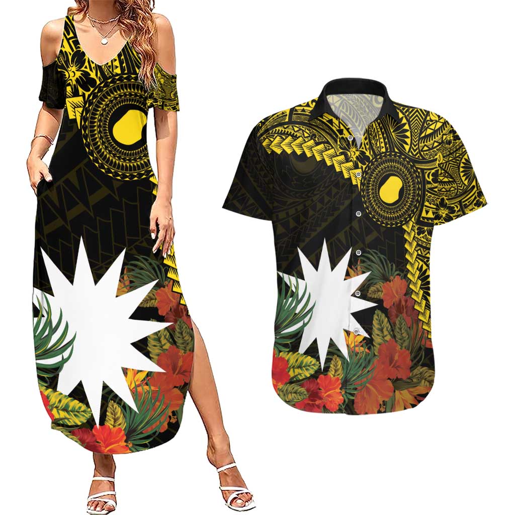 Gold Nauru Couples Matching Summer Maxi Dress and Hawaiian Shirt Naoero Map With Polynesian Tropical Flowers LT14 Gold - Polynesian Pride