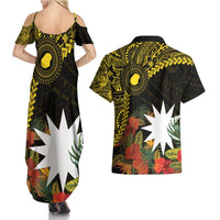 Gold Nauru Couples Matching Summer Maxi Dress and Hawaiian Shirt Naoero Map With Polynesian Tropical Flowers LT14 - Polynesian Pride