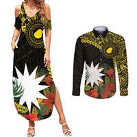 Gold Nauru Couples Matching Summer Maxi Dress and Long Sleeve Button Shirt Naoero Map With Polynesian Tropical Flowers LT14 Gold - Polynesian Pride