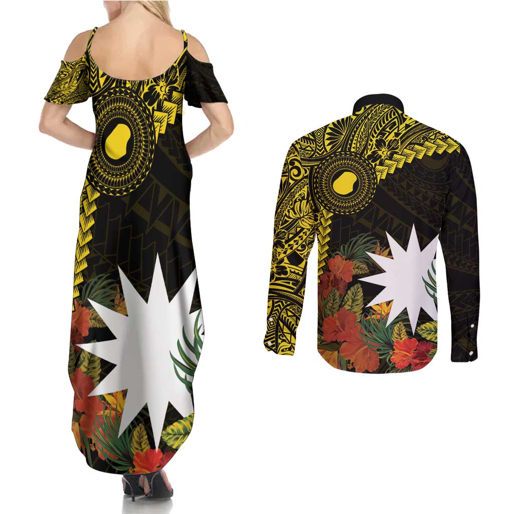 Gold Nauru Couples Matching Summer Maxi Dress and Long Sleeve Button Shirt Naoero Map With Polynesian Tropical Flowers LT14 - Polynesian Pride