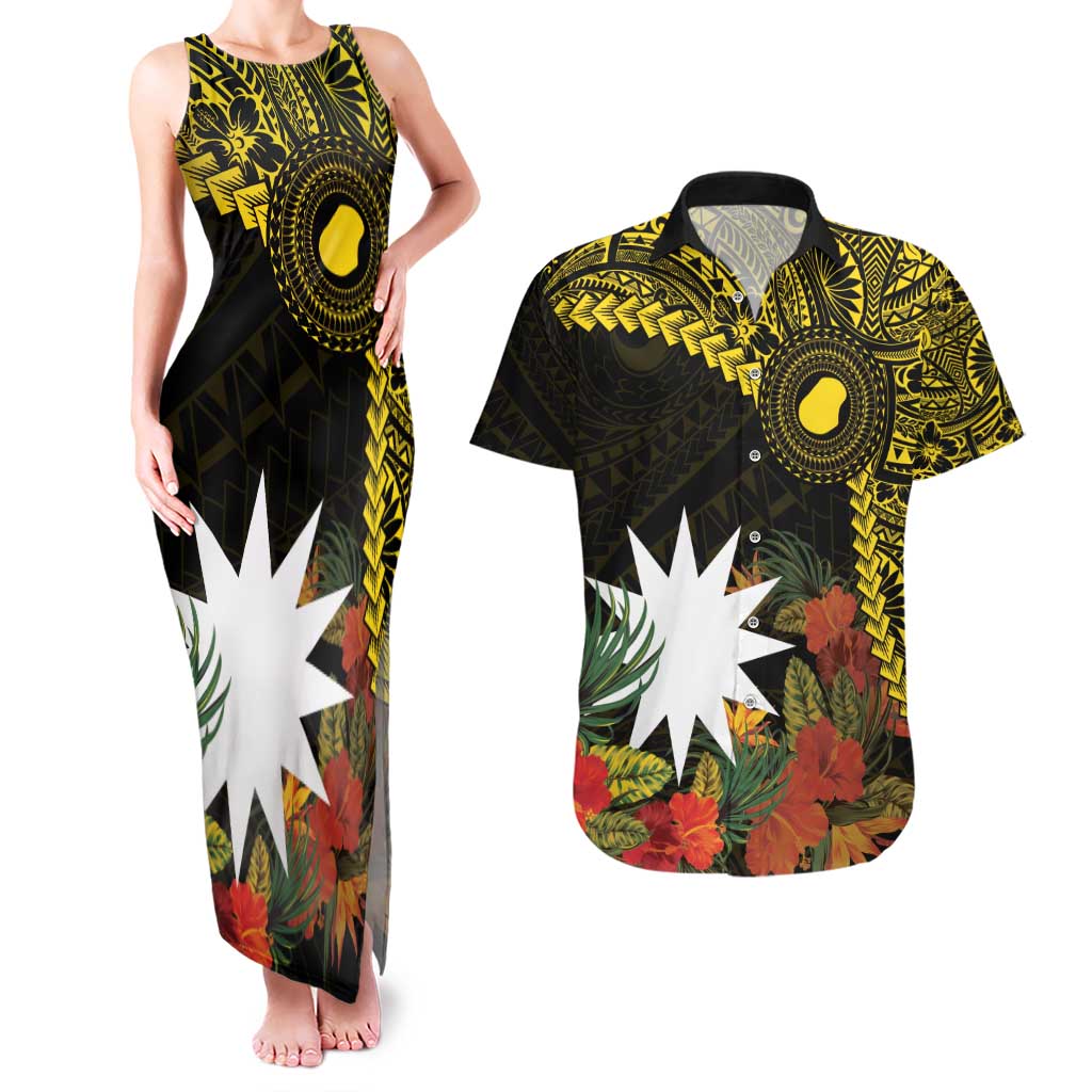Gold Nauru Couples Matching Tank Maxi Dress and Hawaiian Shirt Naoero Map With Polynesian Tropical Flowers LT14 Gold - Polynesian Pride
