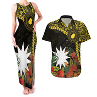 Gold Nauru Couples Matching Tank Maxi Dress and Hawaiian Shirt Naoero Map With Polynesian Tropical Flowers LT14 Gold - Polynesian Pride