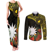 Gold Nauru Couples Matching Tank Maxi Dress and Long Sleeve Button Shirt Naoero Map With Polynesian Tropical Flowers LT14 Gold - Polynesian Pride