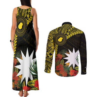 Gold Nauru Couples Matching Tank Maxi Dress and Long Sleeve Button Shirt Naoero Map With Polynesian Tropical Flowers LT14 - Polynesian Pride