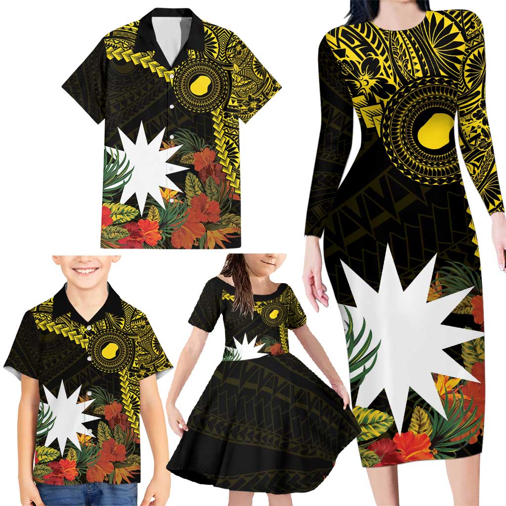 Gold Nauru Family Matching Long Sleeve Bodycon Dress and Hawaiian Shirt Naoero Map With Polynesian Tropical Flowers LT14 - Polynesian Pride