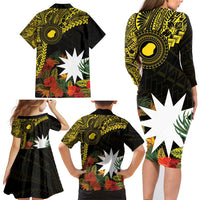Gold Nauru Family Matching Long Sleeve Bodycon Dress and Hawaiian Shirt Naoero Map With Polynesian Tropical Flowers LT14 - Polynesian Pride