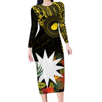 Gold Nauru Family Matching Long Sleeve Bodycon Dress and Hawaiian Shirt Naoero Map With Polynesian Tropical Flowers LT14 Mom's Dress Gold - Polynesian Pride