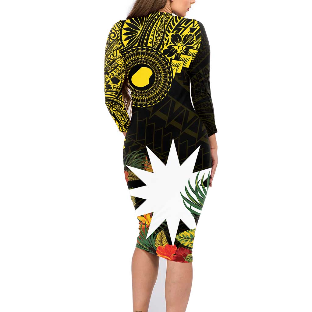 Gold Nauru Family Matching Long Sleeve Bodycon Dress and Hawaiian Shirt Naoero Map With Polynesian Tropical Flowers LT14 - Polynesian Pride