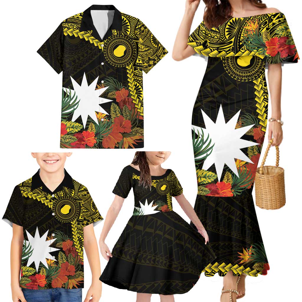 Gold Nauru Family Matching Mermaid Dress and Hawaiian Shirt Naoero Map With Polynesian Tropical Flowers LT14 - Polynesian Pride