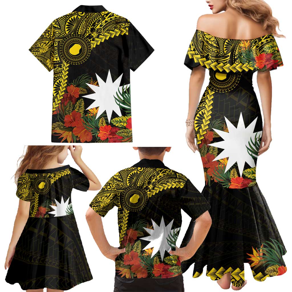 Gold Nauru Family Matching Mermaid Dress and Hawaiian Shirt Naoero Map With Polynesian Tropical Flowers LT14 - Polynesian Pride