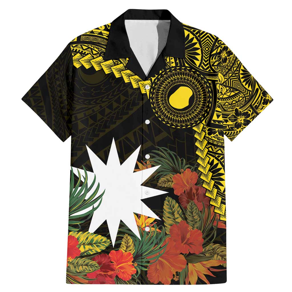 Gold Nauru Family Matching Mermaid Dress and Hawaiian Shirt Naoero Map With Polynesian Tropical Flowers LT14 Dad's Shirt - Short Sleeve Gold - Polynesian Pride